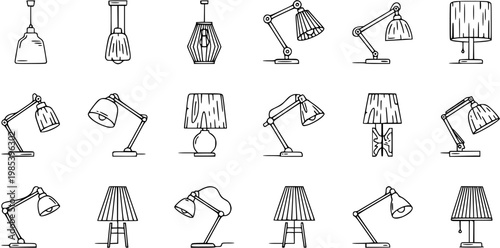 Black  White Line Art Home Lighting Icons Set. Diverse Outline Collection of Desk, Table, and Pendant Lamps for Interior Design and Household Objects.