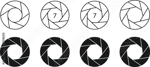 Camera shutter aperture icons set isolated on white background for photography, lens, exposure and photo editing design concepts