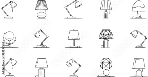 Minimalist Home Decor Lighting Icons Set: Black and White Line Art Outline Glyphs of Table and Desk Lamps for Interior Design.