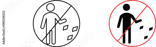 No littering prohibition sign vector, do not throw trash warning icons, stop littering symbol set for public park and street safety
