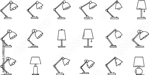 Black and White Line Art Icons of Various Desk Lamps and Table Lamps