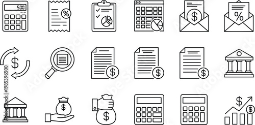 Finance and accounting icons set with calculator, invoice and banking symbols isolated on white background for payment, budgeting and financial management concepts
