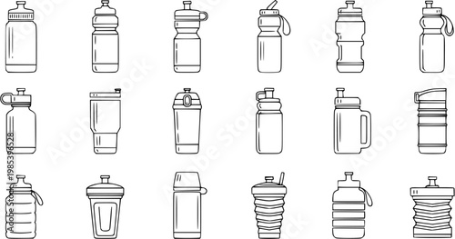 Black and White Line Art Collection of Various Water Bottles and Drink Containers
