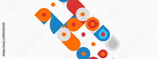 Abstract geometric shapes overlap, creating colorful design. Circles, squares, rectangles present modern aesthetic. Bright hues dominate composition.