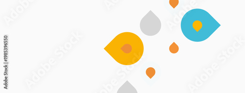Abstract shapes, orange, blue, gray dots scattered across white background. Minimalist design, simple geometry, flat illustration.