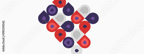 Geometric pattern features circles, squares. Colors include purple, pink, gray, white. Design appears abstract, modern, repetitive.