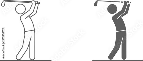 Golf player swing icon set showing golfer hitting ball isolated on white background for sports, golf tournament and leisure activity concepts