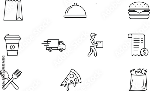 Food delivery and takeaway icons set with burger, pizza, courier and receipt isolated on white background for restaurant service and online order concepts