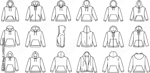 Black and White Line Art Vector Collection of Hoodie Styles: Front, Back, Side Views