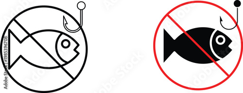 No fishing sign vector set, prohibited fishing icons with fish and hook, red and black warning symbols for restricted water areas and conservation