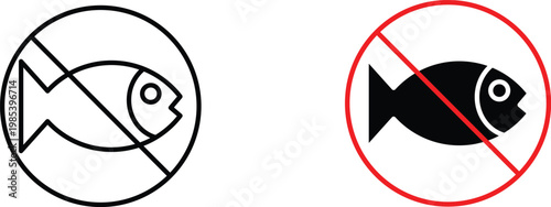 Prohibition sign with fish icon, no fishing warning symbol set, restricted water area notice, black and red circular stop icons for environmental protection