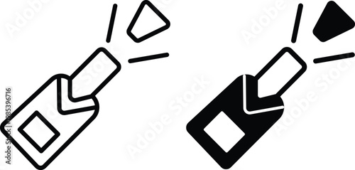 Minimalist champagne bottle popping icons, sparkling wine celebration symbols, black and white vector set for party and event design
