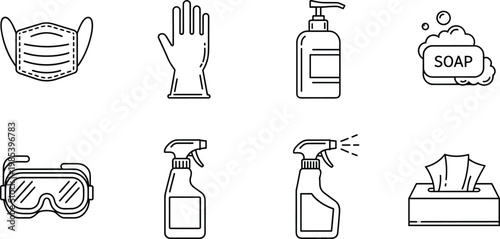 Hygiene and cleaning icons set with mask, gloves, sanitizer and disinfect spray isolated on white background for health, safety and sanitation concepts