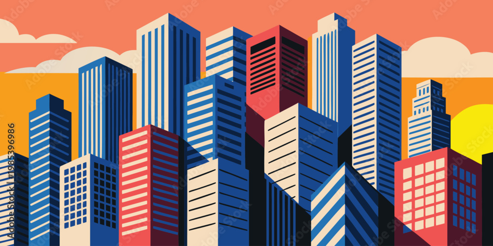 Obraz premium Modern generic global city skyline at sunset, flat vector illustrationModern generic global city skyline at sunset, flat vector illustration