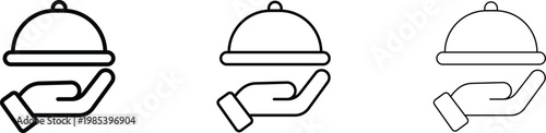 Minimalist food service icons, hand holding restaurant cloche vector set, black outline catering symbols for menu design and hospitality branding