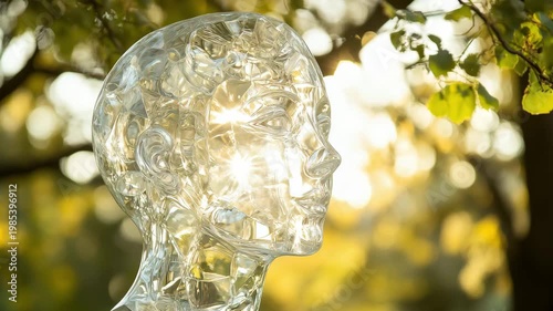 A clear sculpture captures sunlight amidst trees in an outdoor location during the late afternoon