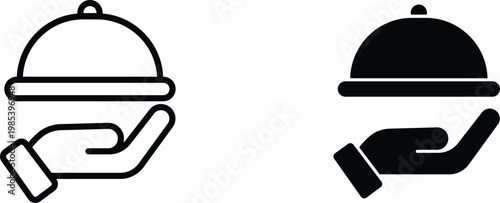 Restaurant food cloche icons, waiter hand holding serving tray symbols, minimalist black and white catering service vector set