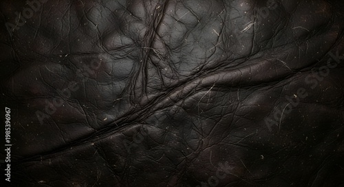 Close-up Macro Texture of Dark Black Leather with Wrinkles and Scratches