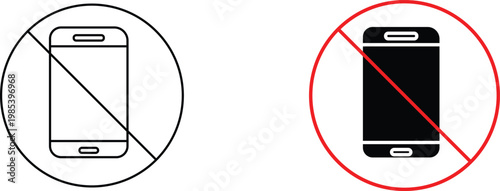 No mobile phones allowed sign vector, prohibited smartphone use icons, restricted device area symbols in black and red line art