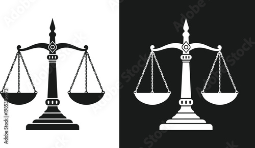 Justice scales balance icons isolated on white and black background for law, legal system, equality and courtroom symbol concepts
