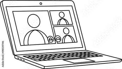 Online video conference on laptop screen with people meeting remotely isolated on white background for communication, business, remote work and virtual meeting concepts