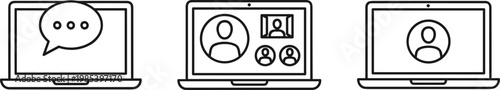 Online video meeting laptop icons set isolated on white background for remote communication, webinar, virtual conference and team collaboration concepts