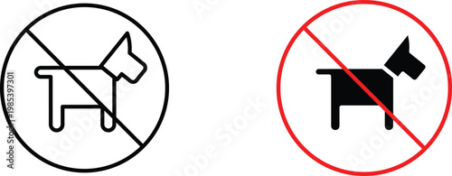 No dogs allowed sign vector, prohibited pet entry icons, red and black warning symbols for restricted animal access, 2 minimalist pet ban elements