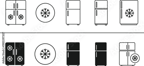 Refrigerator icons set with modern fridge and freezer appliances isolated on white background for kitchen, home appliance, cooling and storage design concepts