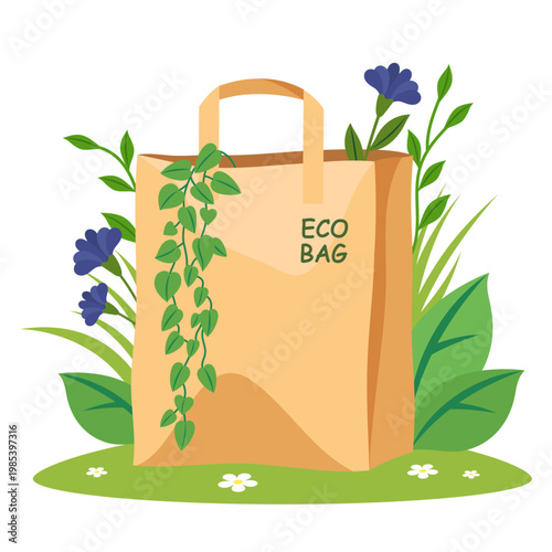 Eco bag with leaves and flowers in flat style on white background, concept of green sustainability. Vector illustration