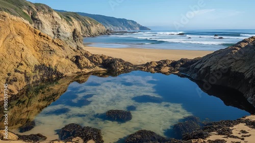 The camera focuses on a rocky beach in California with clear water reflecting the sky and coastal scenery during the day