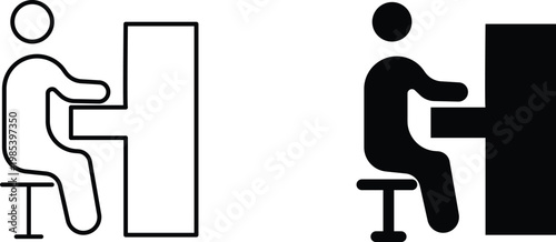 Minimalist piano player icon set, musician playing upright piano vector, black and white silhouette of person sitting at musical instrument