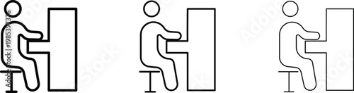 Minimalist office worker icon set, person sitting at desk vector, black line art workstation symbols for business and education UI design