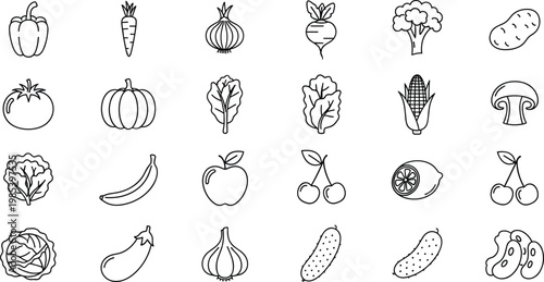 Vegetable and fruit outline icons set with fresh produce isolated on white background for healthy food, organic farming and grocery design concepts