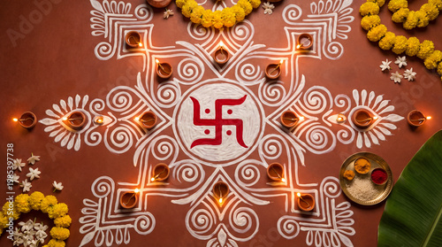 Festive rangoli with a central red swastika symbol, intricate white patterns, and numerous glowing diyas, bordered by marigold flower garlands and green leaves on a terracotta surface