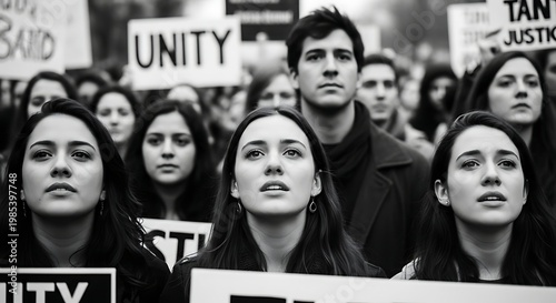 Diverse crowd of young activists protesting for unity and social justice.