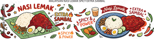 Malaysian Coconut Rice Spicy , Nasi Lemak Extra Sambal, Illustration Doodle Cartoon Collection