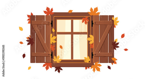 Autumn-themed illustration of a window with brown shutters and colorful leaves on a white background.