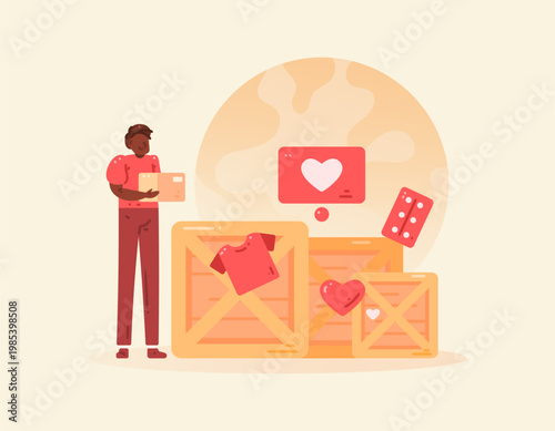 The concept of charity, donations, and community support. International Humanitarian Day. Illustration of a donor with boxes filled with relief goods. Providing aid in the form of medicines, clothing