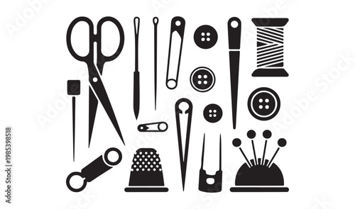 Dressmaking tools icon set including buttons spools and safety pins
