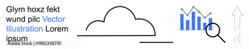 Data analytics, cloud computing, business growth, information technology, innovation, process optimization. A bar graph, magnifying glass cloud icon and upward arrow. Data analytics and cloud