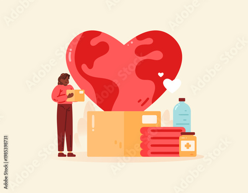 The concept of charity, donations, and community support. International Humanitarian Day. Illustration of a female donor with a box of aid items. Providing medical, clothing, and food aid. Metaphor