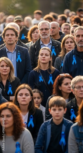 Diverse Crowd Wearing Blue Ribbons for Awareness and Support.