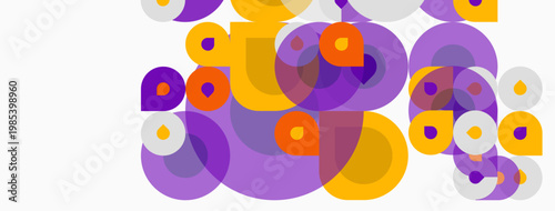 Abstract circles overlap, creating vibrant purple, orange hues. Minimalist design, modern aesthetic, simple shapes dominate composition.