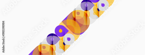 Abstract shapes, purple, orange hues dominate composition. Overlapping circles create dynamic visual pattern. Minimalist design.
