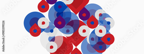Abstract composition. Overlapping circles, red and blue hues dominate. Clean design, simple shapes, modern aesthetic.