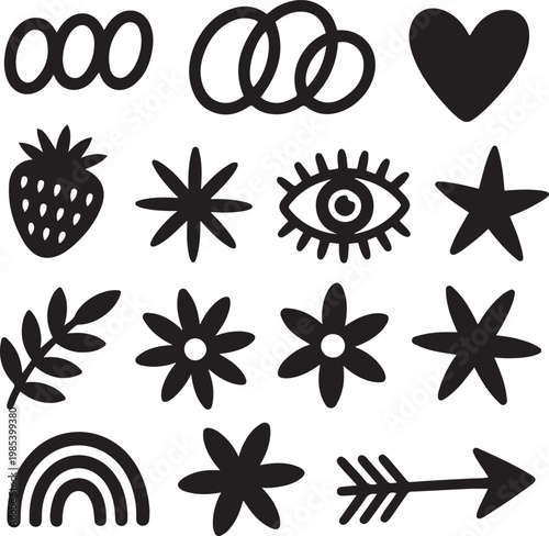 Minimal Black Icon Set Abstract Shapes Symbols Floral Eye Heart Star Vector Collection
