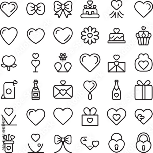 Cute Love Icon Set Heart Gift Cake Bow Romantic Outline Vector Collection
