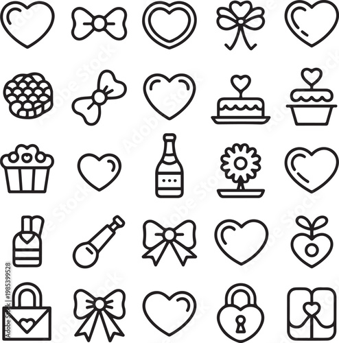 Cute Love Icon Set Heart Gift Cake Bow Romantic Outline Vector Collection
