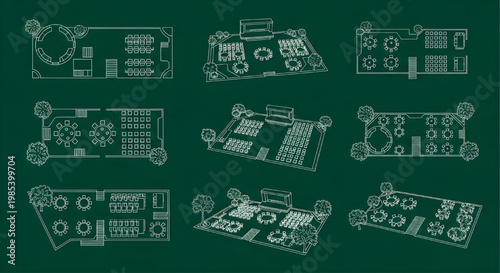 Hotel Garden Dining and Event Area Blueprint Icon Set – Tables Seating Stage Terrace Multi View AutoCAD Landscape Technical Drawing White Outline on Dark Green Background