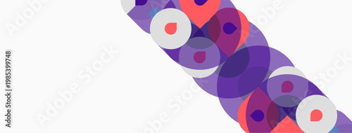 Abstract composition featuring overlapping circles. Purple, pink hues dominate white background. Modern design, simple geometry.